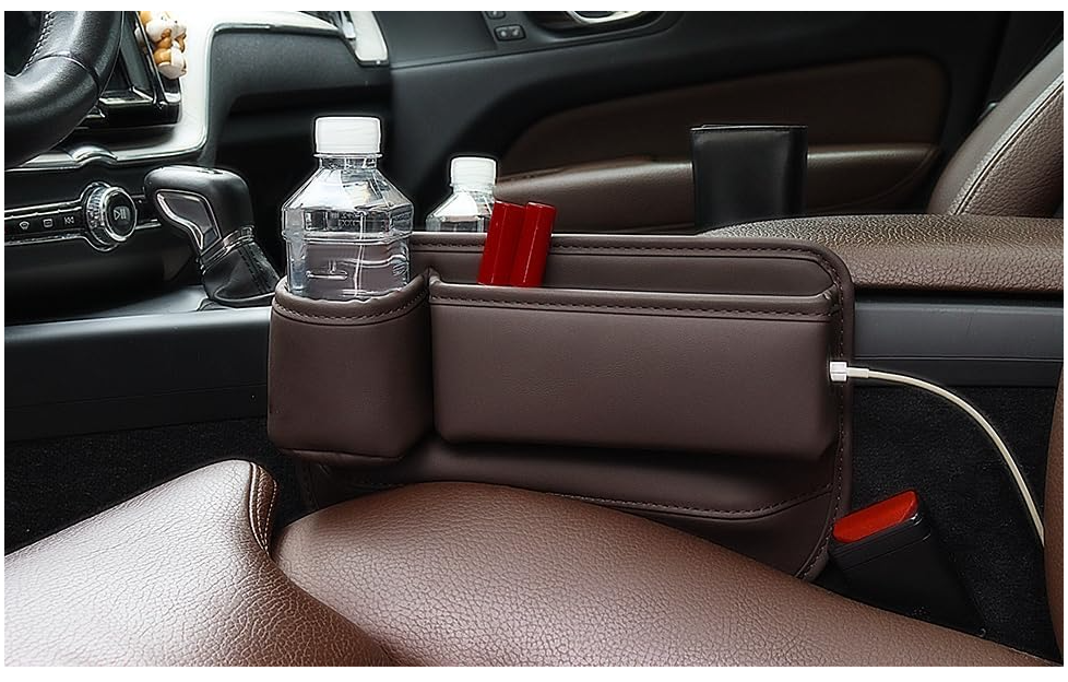2 Pack Car Leather Cup Holder Gap Bag - Car Seat Gap Filler & Organizer, Adjustable Seat Gap Storage Box for Phones, Glasses, Keys, Cards (Brown Driver's + Passenger) image 2