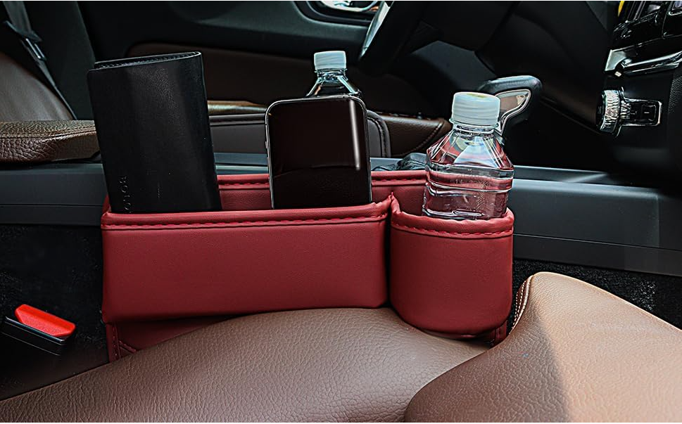 2 Pack Car Leather Cup Holder Gap Bag - Car Seat Gap Filler & Organizer, Adjustable Seat Gap Storage Box for Phones, Glasses, Keys, Cards (Brown Driver's + Passenger) image 3