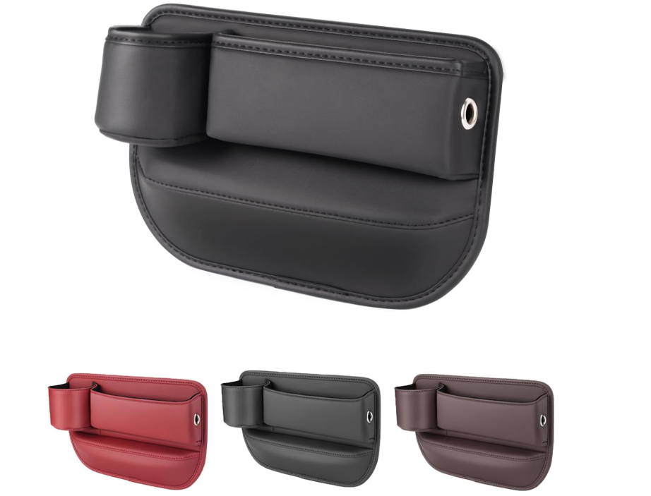 2 Pack Car Leather Cup Holder Gap Bag - Car Seat Gap Filler & Organizer, Adjustable Seat Gap Storage Box for Phones, Glasses, Keys, Cards (Brown Driver's + Passenger) image 0