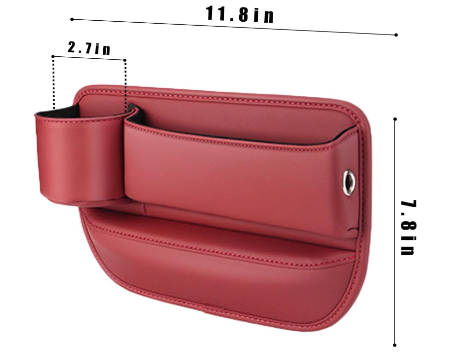 2 Pack Car Leather Cup Holder Gap Bag - Car Seat Gap Filler & Organizer, Adjustable Seat Gap Storage Box for Phones, Glasses, Keys, Cards (Brown Driver's + Passenger) - Red image