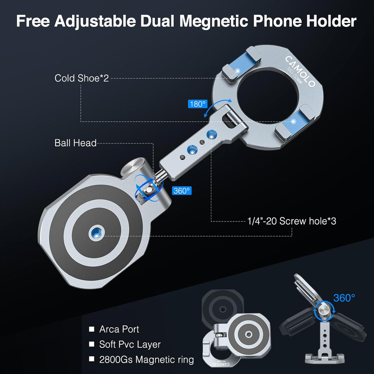 Dual Magnetic Phone Holder Compatiable with Magsafe for iPhone 16 15 14 13 12 Pro Max Plus Series, MG-02 Pro 1/4"-20 Tripod Mount, Gym Magnetic Phone Stand Travel image 2