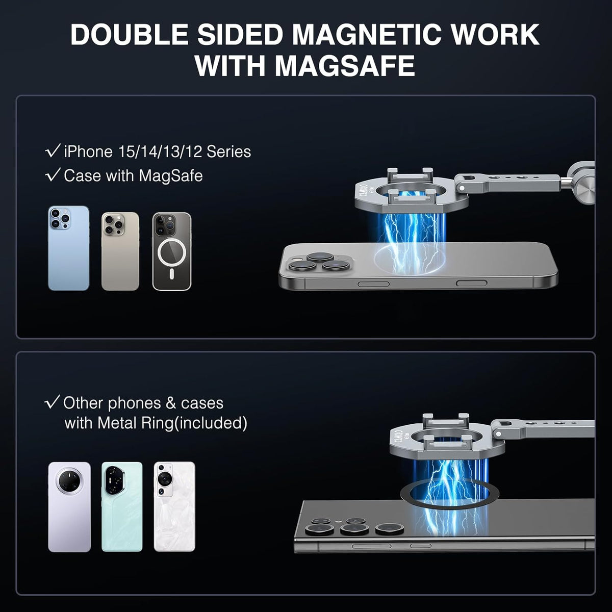 Dual Magnetic Phone Holder Compatiable with Magsafe for iPhone 16 15 14 13 12 Pro Max Plus Series, MG-02 Pro 1/4"-20 Tripod Mount, Gym Magnetic Phone Stand Travel image 3