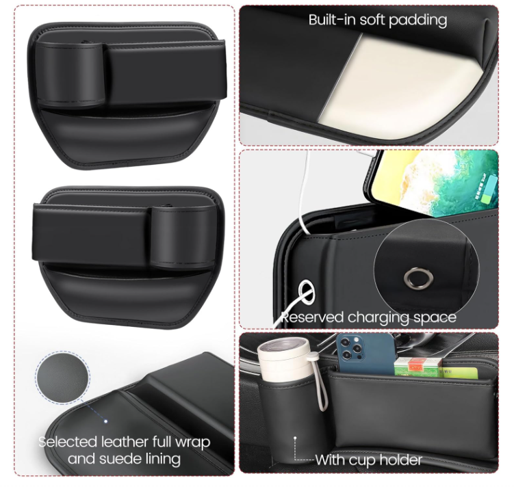 2 Pack Car Leather Cup Holder Gap Bag - Car Seat Gap Filler & Organizer, Adjustable Seat Gap Storage Box for Phones, Glasses, Keys, Cards (Brown Driver's + Passenger) image 1