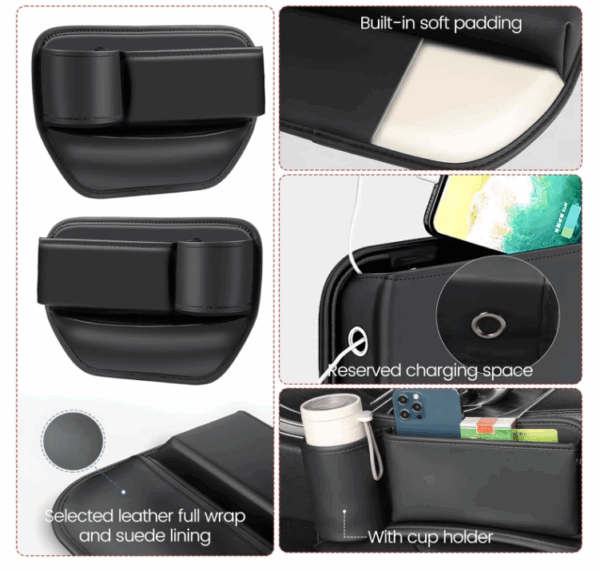 2 Pack Car Leather Cup Holder Gap Bag - Car Seat Gap Filler & Organizer, Adjustable Seat Gap Storage Box for Phones, Glasses, Keys, Cards (Brown Driver's + Passenger) - Image 2