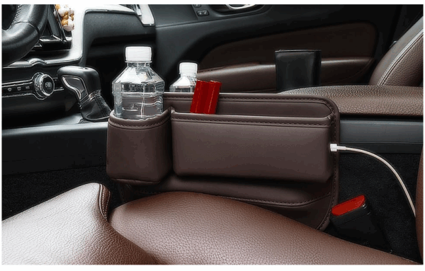 2 Pack Car Leather Cup Holder Gap Bag - Car Seat Gap Filler & Organizer, Adjustable Seat Gap Storage Box for Phones, Glasses, Keys, Cards (Brown Driver's + Passenger) - Image 3