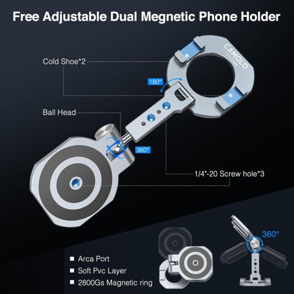 Dual Magnetic Phone Holder Compatiable with Magsafe for iPhone 16 15 14 13 12 Pro Max Plus Series, MG-02 Pro 1/4"-20 Tripod Mount, Gym Magnetic Phone Stand Travel - Image 3
