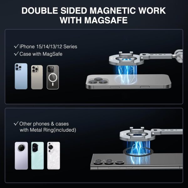 Dual Magnetic Phone Holder Compatiable with Magsafe for iPhone 16 15 14 13 12 Pro Max Plus Series, MG-02 Pro 1/4"-20 Tripod Mount, Gym Magnetic Phone Stand Travel - Image 4